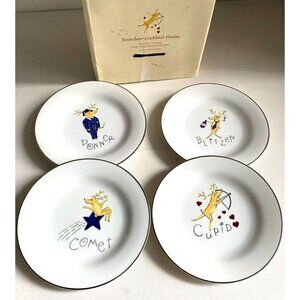 Vintage 2003 Pottery Barn Reindeer Cocktail  Plates Comet Cupid Donner Blizen